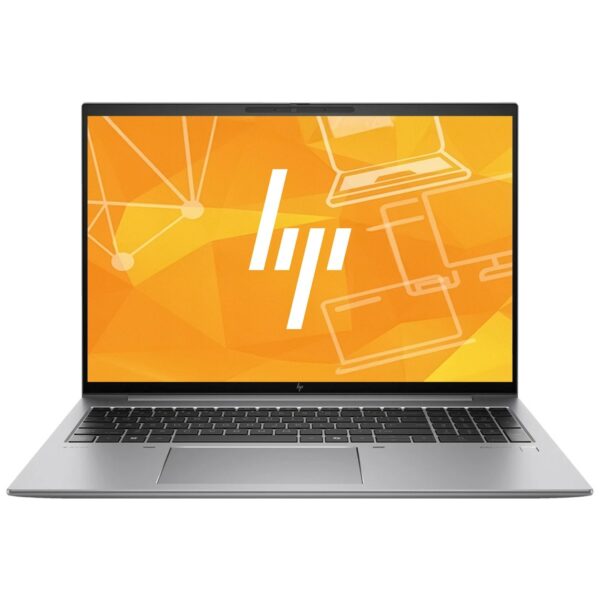 Laptop HP ZBook Firefly otwarty pod niewielkim kątem, ekran z pomarańczową grafiką, widoczna klawiatura i touchpad.