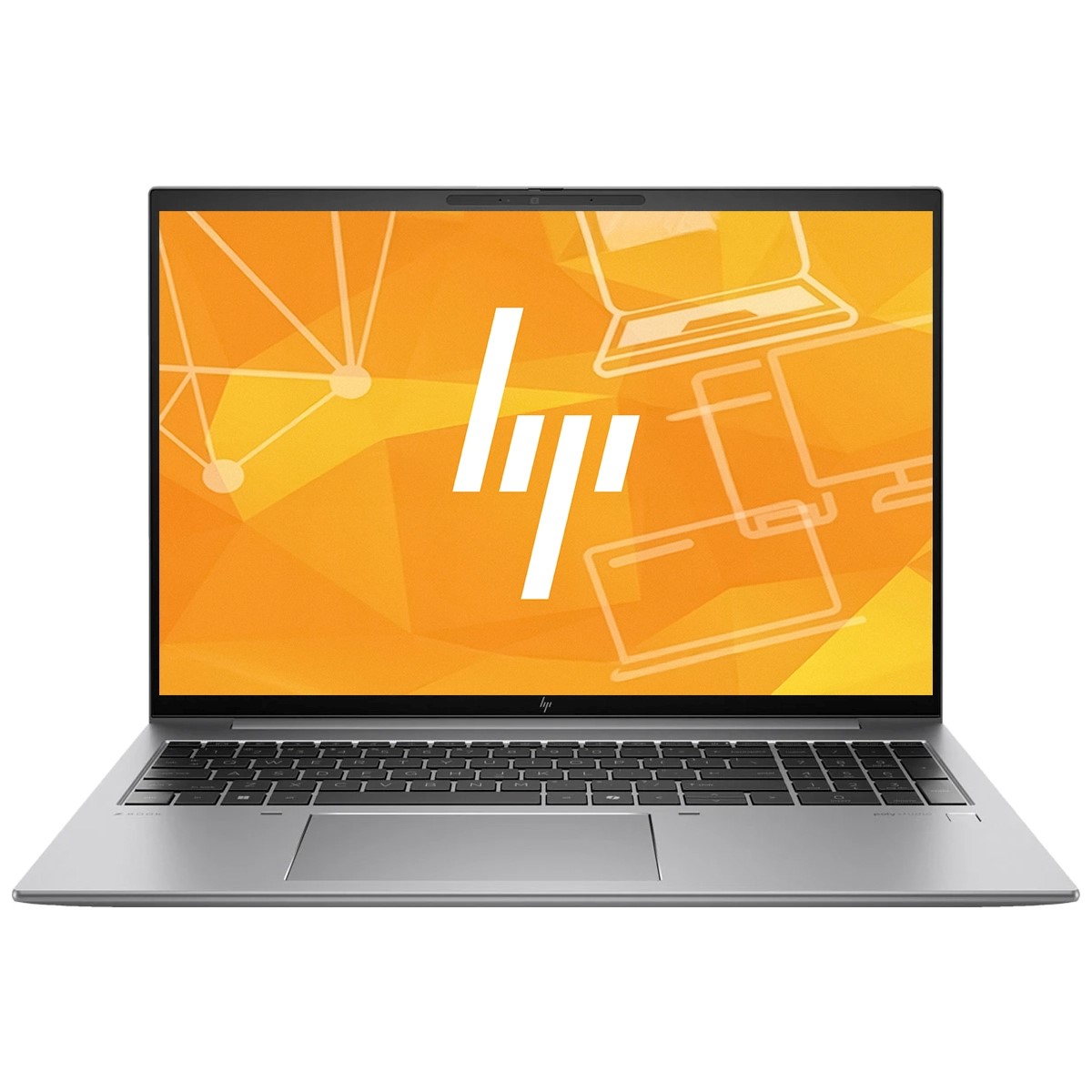 Laptop HP ZBook Firefly otwarty pod niewielkim kątem, ekran z pomarańczową grafiką, widoczna klawiatura i touchpad.