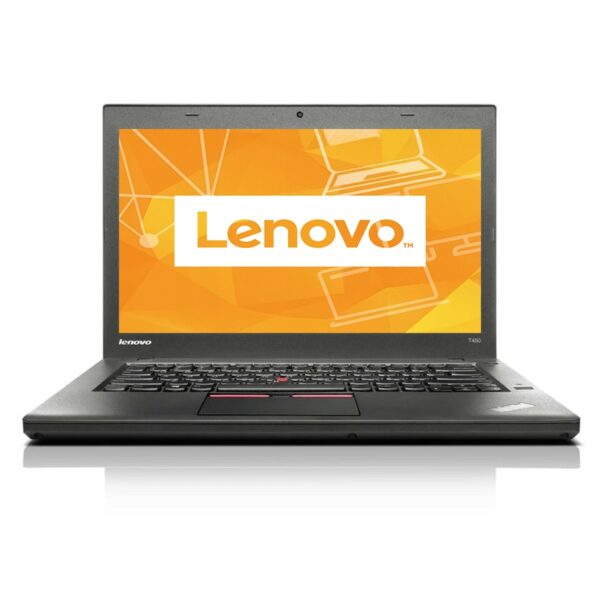 Otwarty laptop Lenovo ThinkPad T450 widziany od przodu, na ekranie pomarańczowy ekran powitalny z logo Lenovo.