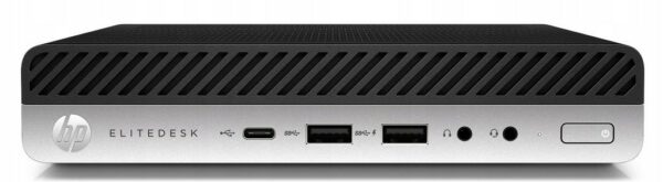 Przedni panel komputera HP EliteDesk mini z portami USB, jackiem audio i przyciskiem zasilania.