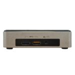 Przedni panel komputera Intel NUC z dwoma portami USB i gniazdem słuchawkowym, obudowa w kolorze szarym