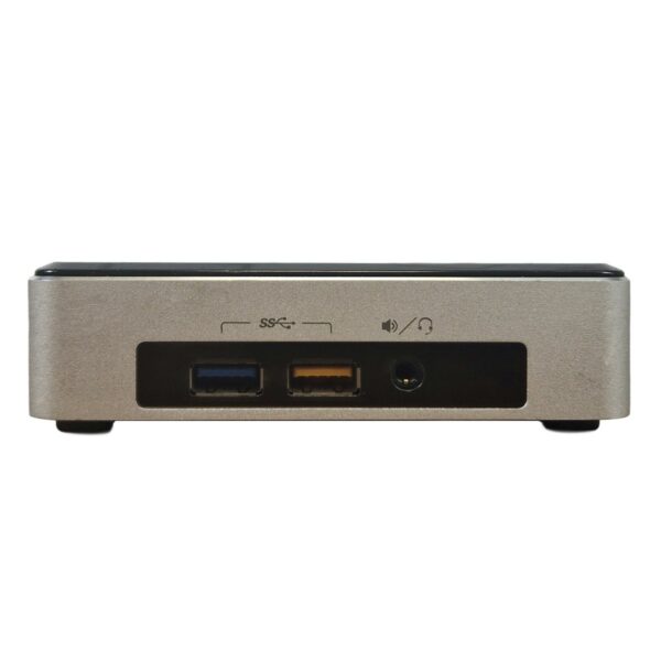Przedni panel komputera Intel NUC z dwoma portami USB i gniazdem słuchawkowym, obudowa w kolorze szarym