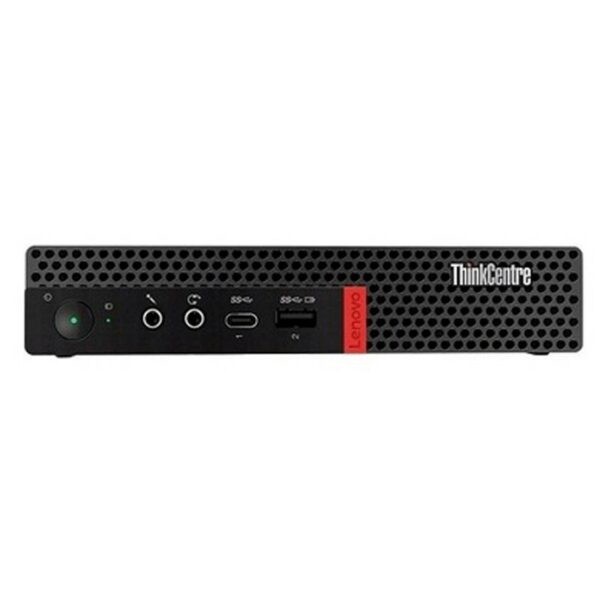 Przedni panel Lenovo ThinkCentre M720q mini PC z przyciskiem zasilania, portami audio, USB-C i USB-A.
