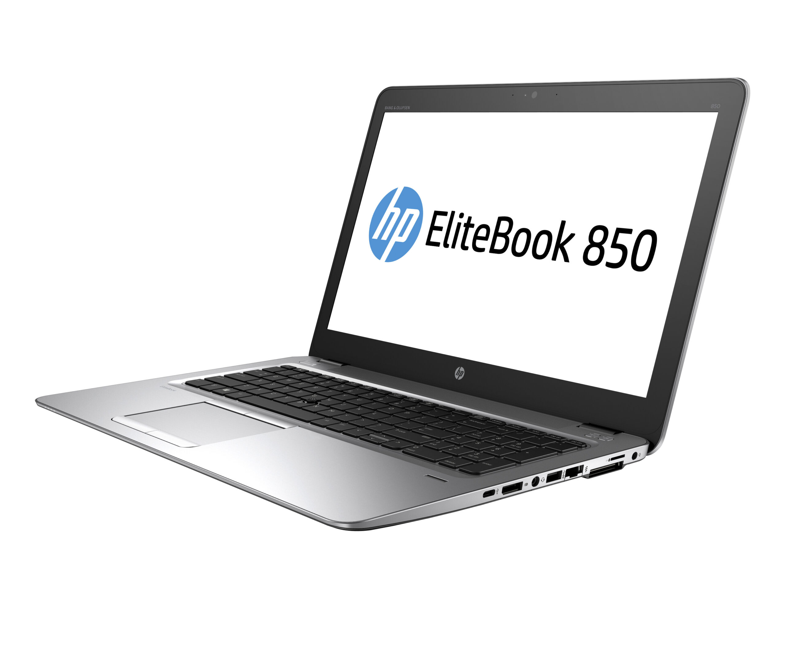 Laptop HP EliteBook 850 otwarty pod kątem z boku, ekran włączony z logo producenta, widoczna klawiatura i porty z prawej strony.