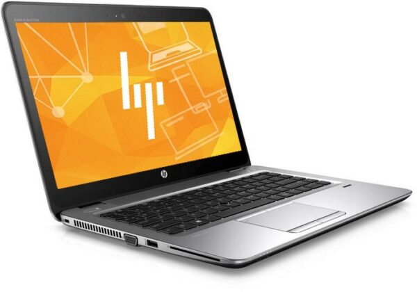 Laptop HP EliteBook 840 G3 otwarty pod kątem z boku, ekran z logo HP i grafiką, widoczna klawiatura i gładzik
