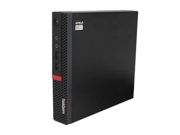 Mini PC Lenovo ThinkCentre pod kątem z przodu, widoczne porty słuchawkowe, USB i czerwony przycisk zasilania