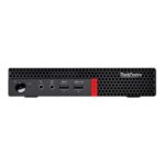 Przedni panel komputera Lenovo ThinkCentre M910q z przyciskiem zasilania, złączami audio i dwoma portami USB.