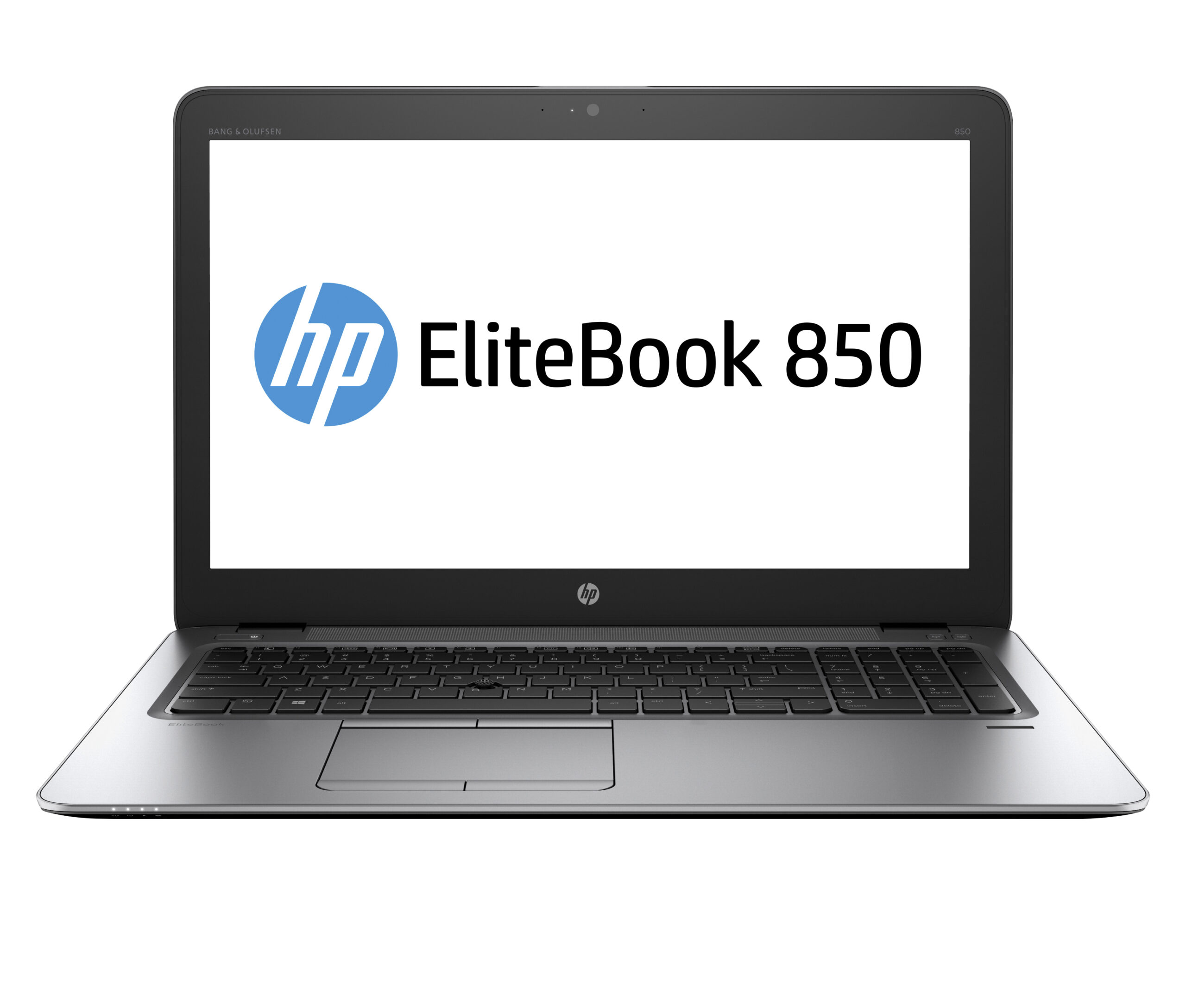 Laptop HP EliteBook 850 otwarty, widok z przodu, ekran włączony z logo HP, srebrna obudowa i klawiatura.