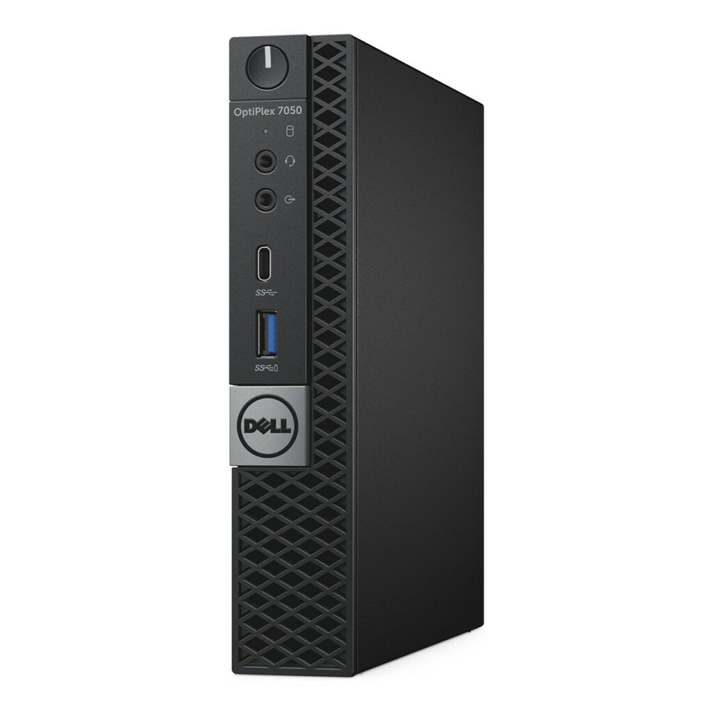 Mały komputer Dell OptiPlex 7050 Tiny z przodu, widoczne logo Dell, porty słuchawkowe i USB oraz przycisk zasilania