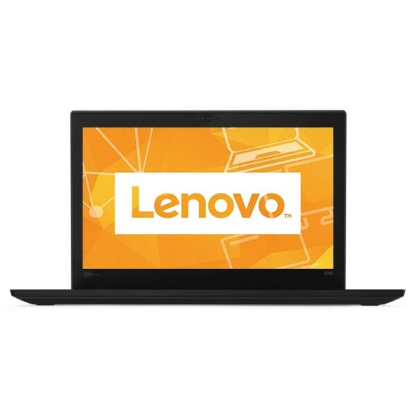 Laptop Lenovo ThinkPad widziany od przodu, ekran włączony z pomarańczowym logo Lenovo na czarnym tle.