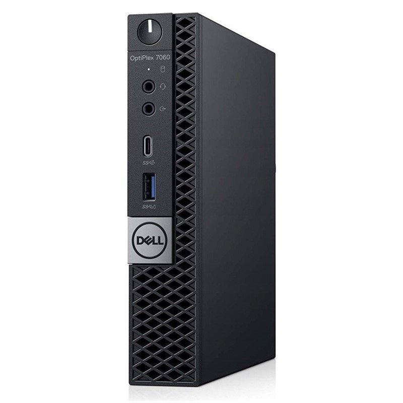 Obudowa Dell OptiFlex 7060 Tiny z przodu, widoczne porty USB, jack audio i logo Dell na przedniej ściance.
