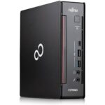 Komputer Fujitsu Esprimo w pionowej, smukłej obudowie, widok z przodu-boku z portami USB, słuchawkowym i czytnikiem kart