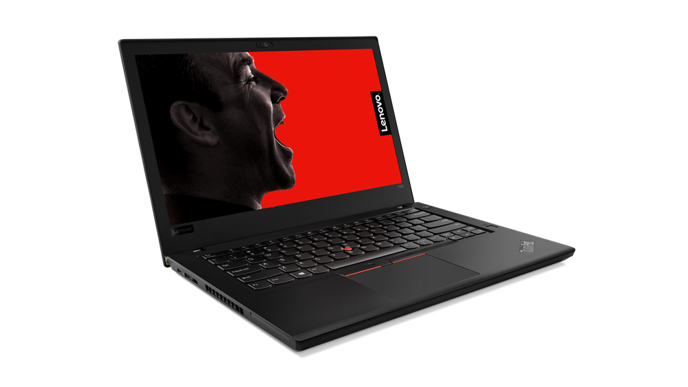 Laptop Lenovo ThinkPad T480 otwarty pod kątem z boku, ekran z czerwoną grafiką, widoczna klawiatura i touchpad.