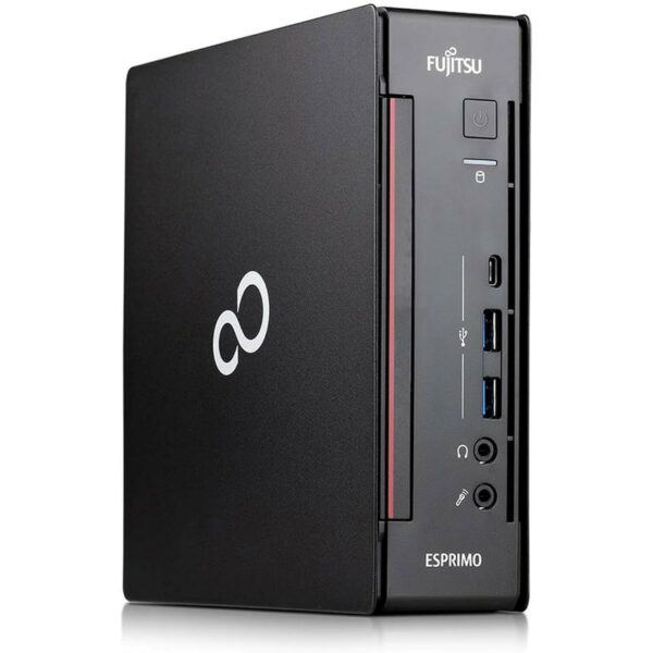 Komputer Fujitsu Esprimo w pionowej obudowie mini PC, widok z przodu pod kątem z portami USB i jackami audio
