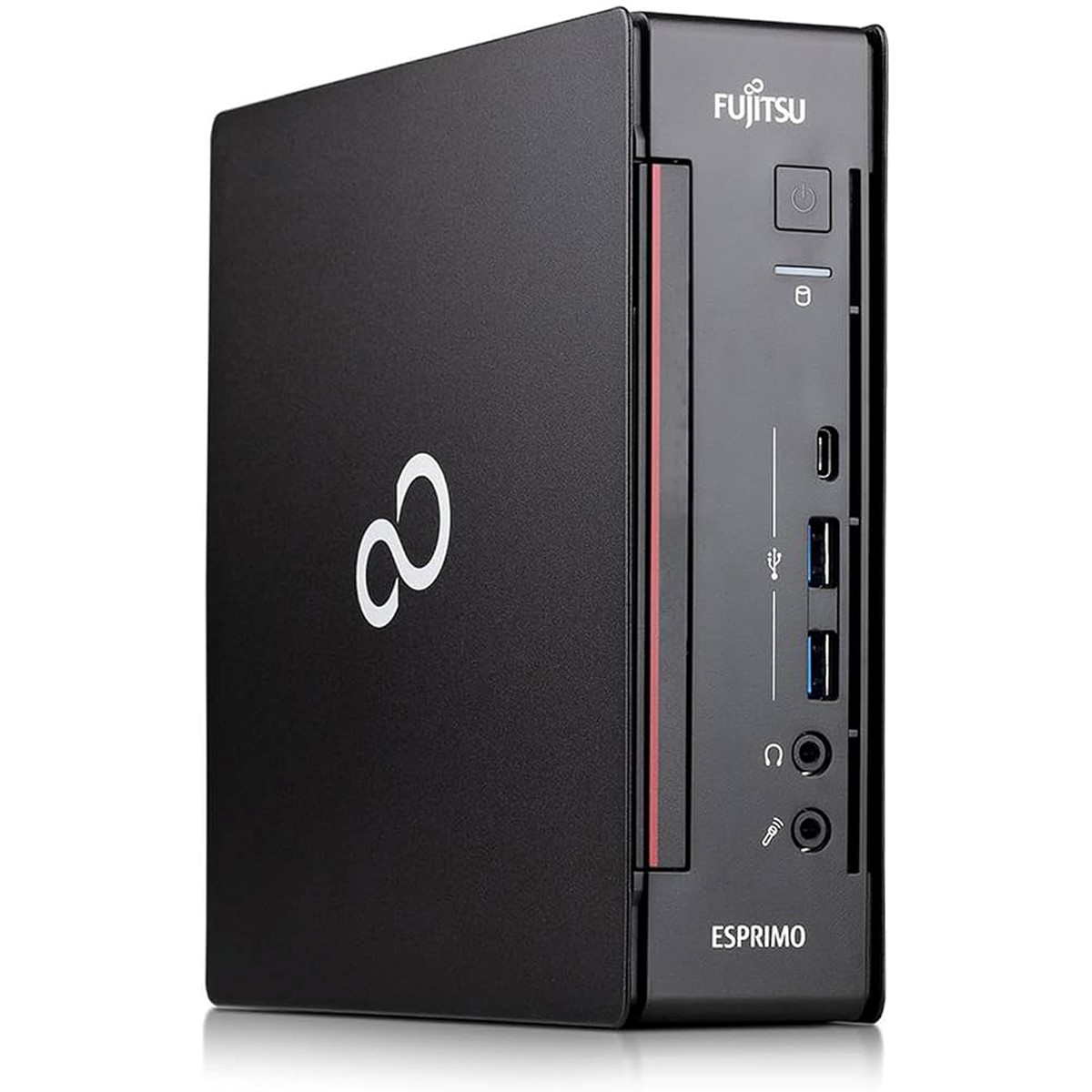 Komputer Fujitsu Esprimo w pionowej obudowie mini PC, widok z przodu pod kątem z portami USB i jackami audio