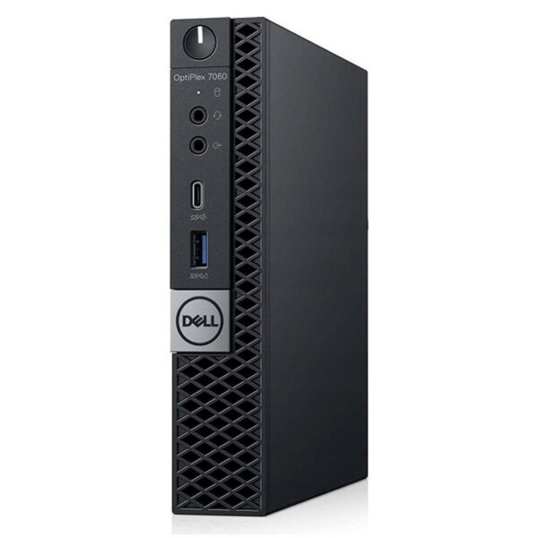 Przód komputera Dell OptiplEX 7060 Micro pod kątem, widoczne porty słuchawkowe, USB i USB-C oraz logo Dell.
