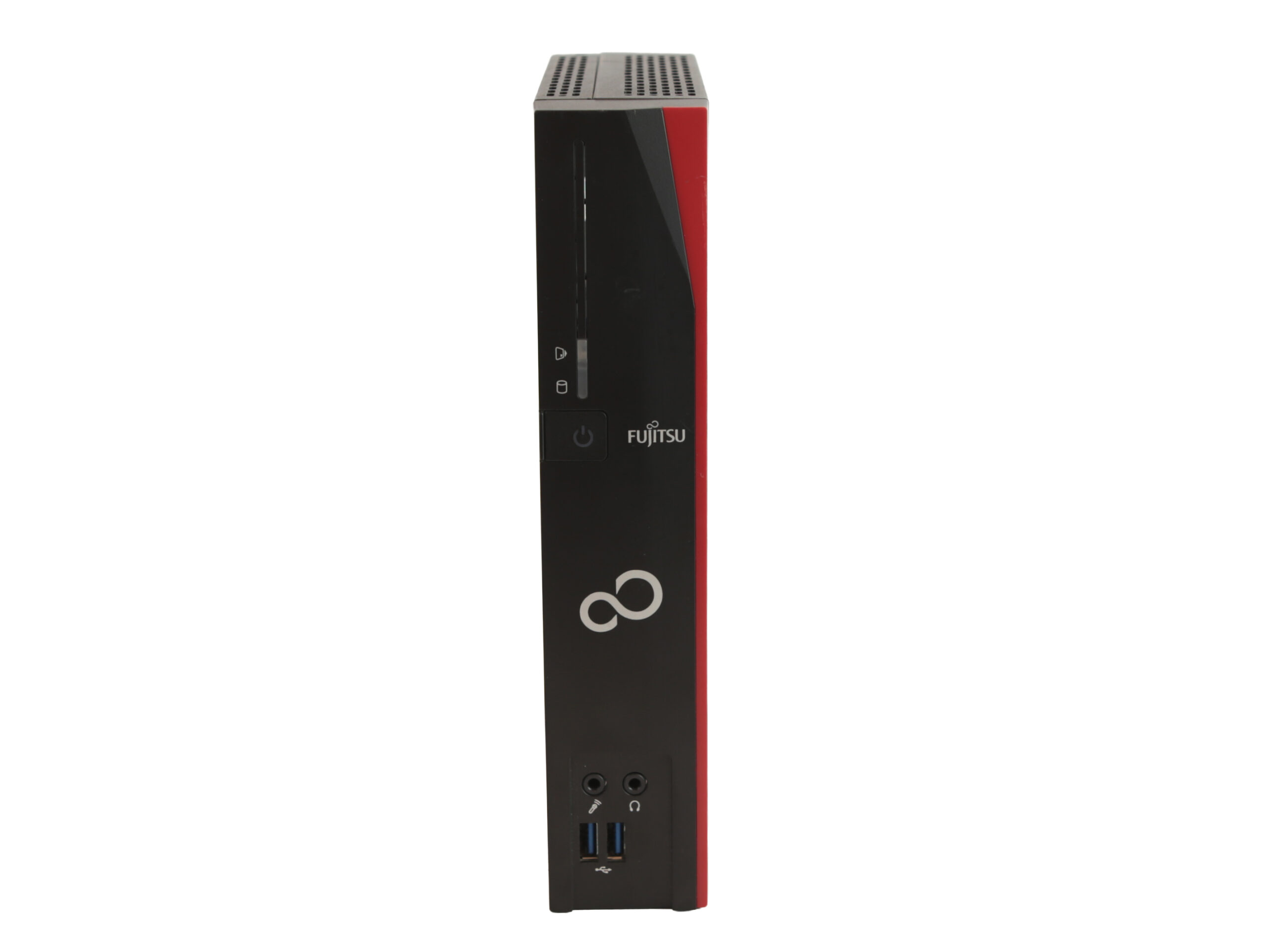 Terminal Fujitsu FUTRO S930 w pionowej obudowie, widok z przodu z logo Fujitsu i przyciskiem zasilania.