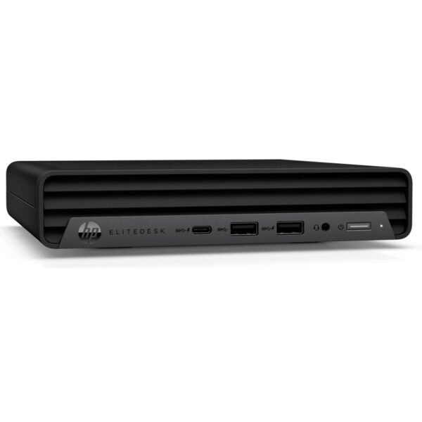 Przedni panel komputera HP w obudowie mini z portami USB-C i USB-A oraz czytnikiem kart pamięci.