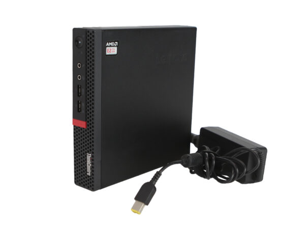 Mini komputer Lenovo ThinkCentre M625q ustawiony pionowo obok dołączonego zasilacza z kablem zasilającym.
