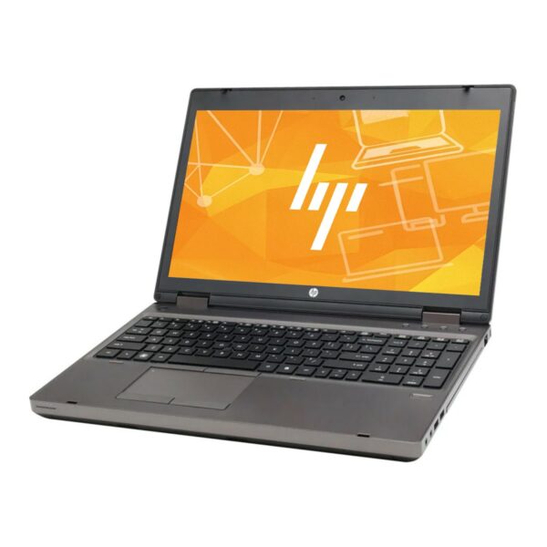Laptop HP ProBook 6570b otwarty pod kątem z przodu, ekran włączony z grafiką logo HP, widoczna klawiatura.