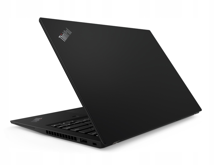Laptop Lenovo ThinkPad widziany od tyłu pod kątem, uchylona klawa z widocznymi otworami wentylacyjnymi, czarna obudowa bez wyraźnych rys.