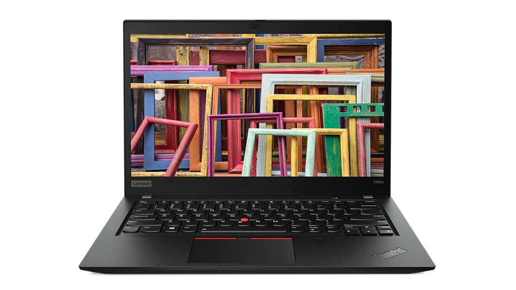 Laptop Lenovo ThinkPad T490s otwarty pod lekkim kątem, na ekranie kolorowa grafika z drewnianymi klockami.