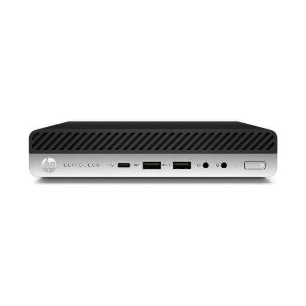 Przedni panel komputera HP EliteDesk 800 Tiny z portami USB, złączem słuchawkowym i przyciskiem zasilania.