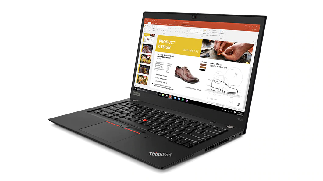 Laptop Lenovo ThinkPad T490s otwarty pod kątem z boku, na ekranie strona ze zdjęciami butów, widoczna klawiatura i logo ThinkPad.