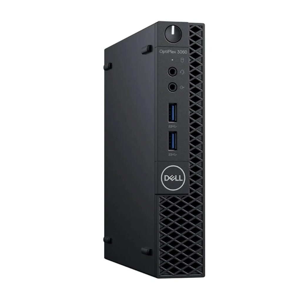 Przedni panel komputera Dell OptiPlex 3060 Tiny z logo Dell, portami USB i wejściem słuchawkowym.