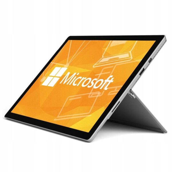 Tablet Microsoft Surface Pro z rozłożoną podpórką z tyłu, ekran włączony z logo Microsoft na pomarańczowym tle.