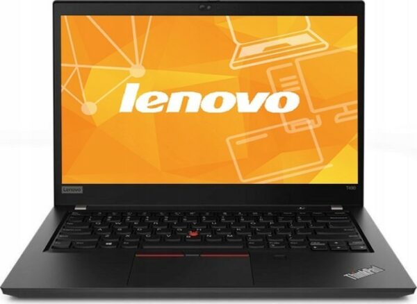 Otwarty laptop Lenovo ThinkPad T490 pod kątem z przodu, ekran wyświetla pomarańczowo-białą grafikę z logo Lenovo.
