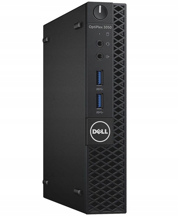 Przedni panel komputera Dell OptiPlex 3050 Tiny z portami USB i słuchawkowym, widok pod kątem z boku.