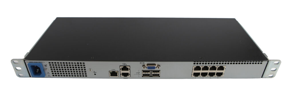 Przedni panel switcha KVM HP z ośmioma portami RJ45, złączami VGA i USB oraz niebieskim uchwytem po lewej stronie.