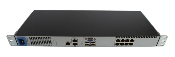 Przedni panel switcha KVM HP z ośmioma portami RJ45, złączami VGA i USB oraz niebieskim uchwytem po lewej stronie.