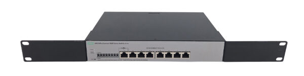 Przedni panel switcha HPE z rzędem ośmiu portów RJ45 oraz uszami montażowymi do szafy rack.