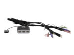 Przełącznik KVM Aten z dwoma portami HDMI i licznymi dołączonymi kablami: USB, audio i przyciskiem przełączania.
