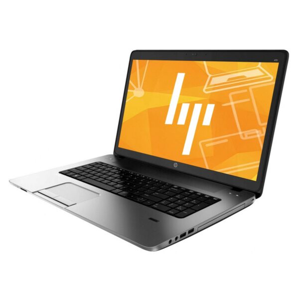 Laptop HP ProBook 470 G1 otwarty pod kątem z boku, ekran włączony z logo HP, widoczna klawiatura i gładzik.