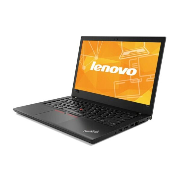Laptop Lenovo ThinkPad T480 otwarty pod kątem z boku, ekran włączony z pomarańczowym logo Lenovo, widoczna klawiatura.